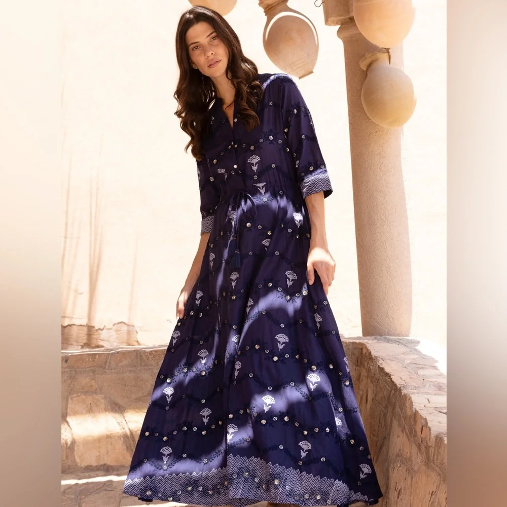 Oliphant Camden Navy Cinched Shirt Maxi Dress • Size M • SOLD OUT • NWOT - Picture 2 of 11